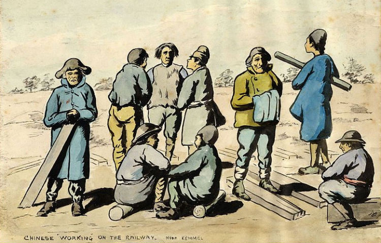 Spotprent: Chinese 'Working' on the Railway - Near Kemmel (cc - UVicLibraries)