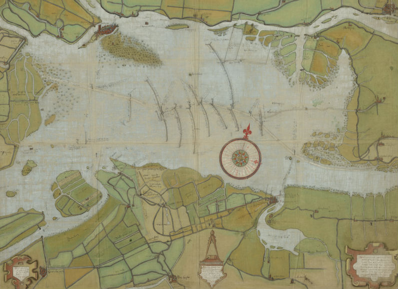 Kaart uit 1560 van de verdronken Groote Waard (de huidige Biesbosch en het Eiland van Dordrecht) door Pieter Sluyter.