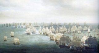 Zeeslag bij Trafalgar om één uur 's middags door Nicolas Pocock (Publiek Domein - wiki)
