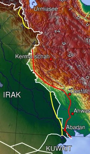 De maximale verschuivingen van de frontlijnen: de rode lijn geeft Iraks verste front aan en de gele lijn geeft Irans verste front aan. (CC BY-SA 3.0 - Beademung - wiki)