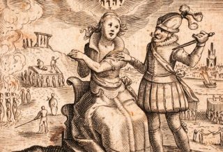 Spanjaard bedreigt de Nederlandse maagd in de Tachtigjarige Oorlog, prent uit Johannes Gysius: Oorspronck ende voortgang der Neder-landtscher beroerten ende ellendicheden, 1616 (Publiek Domein - Bibliotheek van het Vredespaleis - wiki)