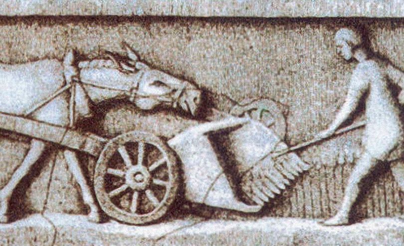Beeld uit de Romeinse tijd - Een boer haalt de oogst binnen (Publiek Domein - wiki)