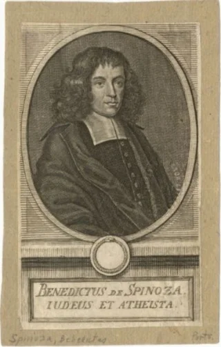 Een vroege gravure van Spinoza. Het onderschrift, in Latijn, zegt:'Jood en Atheïst' (Publiek Domein - New York Public Library Archives)