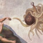 Pastafari - Bekende afbeelding van het Vliegende Spaghettimonster, parodie op het bekende schilderij van Michelangelo