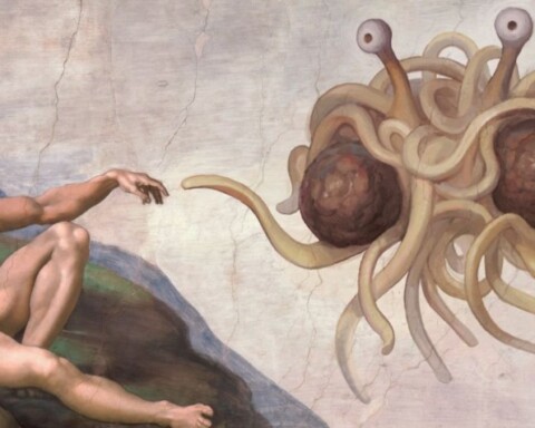 Pastafari - Bekende afbeelding van het Vliegende Spaghettimonster, parodie op het bekende schilderij van Michelangelo