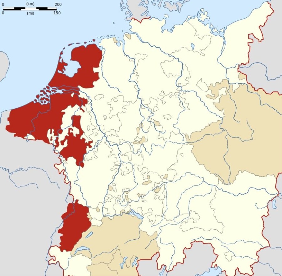 De Bourgondische Kreits binnen het Heilige Roomse Rijk. Na de Transactie van Augsburg in 1555.