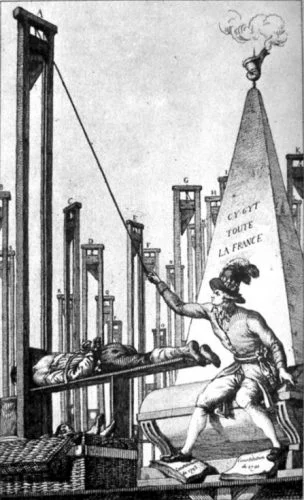 Een Franse spotprent: Robespierre onthoofdt de beul na heel Frankrijk te hebben laten guillotineren (Publiek Domein - wiki)
