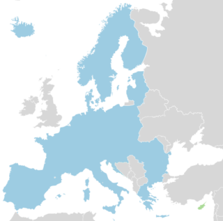 De huidige Schengenzone, met Cyprus in het groen 