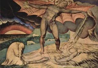 Jobstijding - William Blake, ca. 1826 - Tate Gallery Londen, Satan stort zijn plagen over Job uit