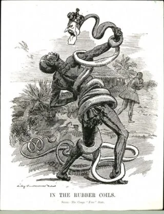 Cartoon van Edward Linley Sambourne waarin Leopold II wordt voorgesteld als slang die Congo wurgt - Punch, 1906