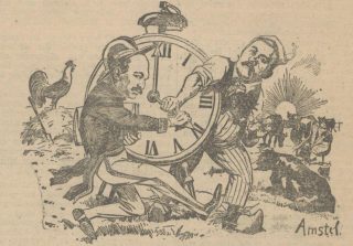 Afbeelding uit de Delftsche courant van 20 februari 1924 - Onderschrift: "Minister Ruys en de beroemde afgevaardigde Braat strijden voor en tegen den zomertijd" (Delpher)