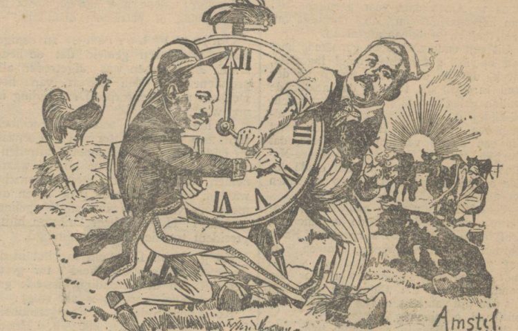 Afbeelding uit de Delftsche courant van 20 februari 1924 - Onderschrift: "Minister Ruys en de beroemde afgevaardigde Braat strijden voor en tegen den zomertijd" (Delpher)