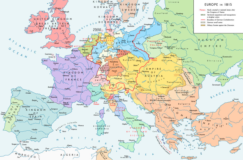 Nieuwe kaart van Europa na het Congres van Wenen (CC BY-SA 4.0 - Alxander Altenhof - wiki)