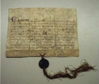 Pauselijke toestemming van Clemens IV in 1265 voor het verkopen van aflaten voor de bouw van de Dom in Utrecht (CC BY-SA 3.0 - Utrechts Archief wiki)
