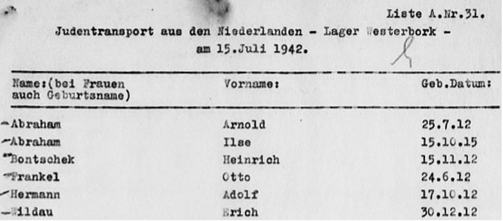 Heinz’ naam op de 31ste pagina van de transportlijst van 15 juli 1942. (Rode Kruis)