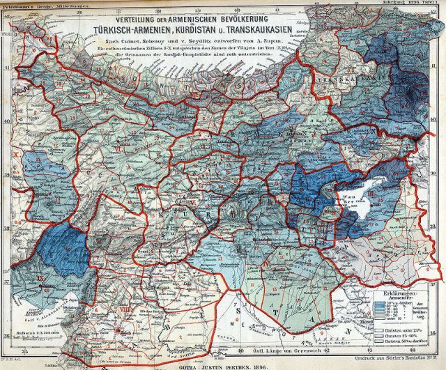 Armeniërs als percentage van de Ottomaanse bevolking, gebaseerd op de officiële volkstelling en cijfers uit tsaristisch Rusland. Er zijn drie concentraties: het oostelijke (Russische) deel, het deel rond het Van-meer, en in het zuidwesten het voormalige Kruisvaardersstaatje Cilicië. 