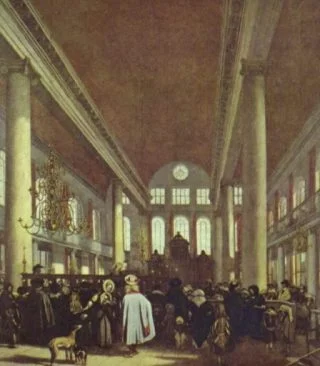 Interieur van de Portugees-Israëlitische Synagoge (Snoga) in Amsterdam. Schilderij van Emanuel de Witte, circa 1680, collectie Rijksmuseum, Amsterdam.