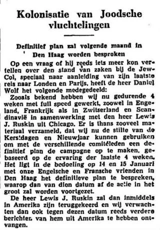 Bericht over het plan van Daniël Wolf in Het Vaderland, 23-12-1938 (Delpher)