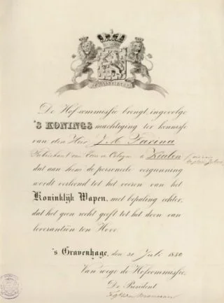 Verlening van het Predicaat aan het bedrijf Farina door koning Willem III, 1880 (Publiek Domein - wiki)