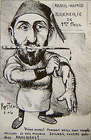 Politieke cartoon waarin Sultan Hamid wordt afgeschilderd als de slachter van Ottomaanse Armeniërs