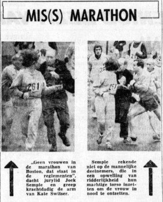 Bericht in de Telegraaf van 25 april 1967 over de deelname van Kathrine Switzer (Delpher)