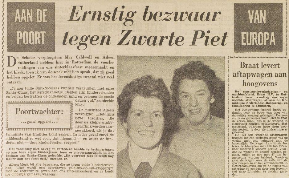 May Caldwell maakte ernstig bezwaar tegen Zwarte Piet in Het Vrije Volk, 6 december 1958.
