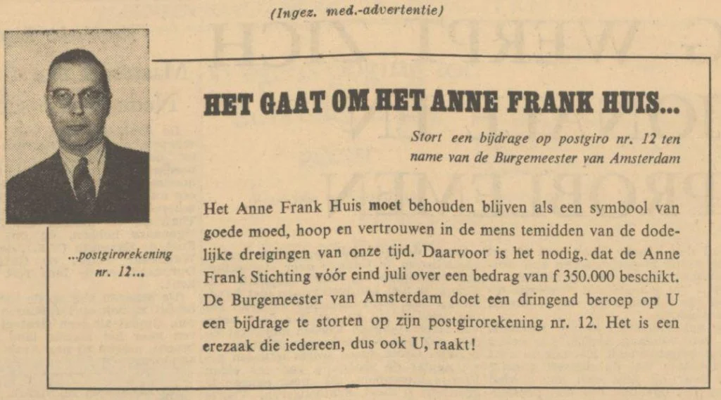 Oproep van burgemeester Van Hall in het Algemeen Handelsblad van 17-06-1958 (Delpher)