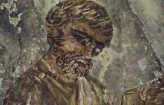 Schriftgeleerde met boekrol (Catacombe van Petrus en Marcellus, Rome)