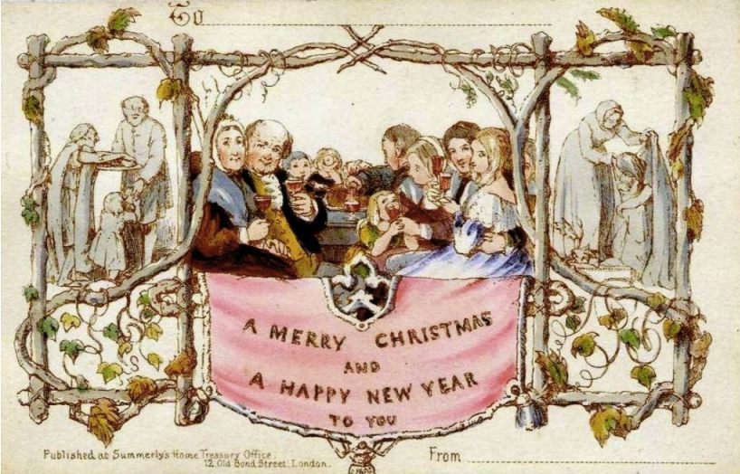 Commerciële kerstkaart van Henry Cole uit 1843 (Publiek Domein - wiki)