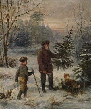 Een vader kapt een kerstboom met zijn zoon - Franz Krüger