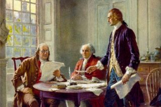 Benjamin Franklin, John Adams (midden) en Thomas Jefferson werken aan de Amerikaanse Onafhankelijkheidsverklaring (Publiek Domein - wiki)