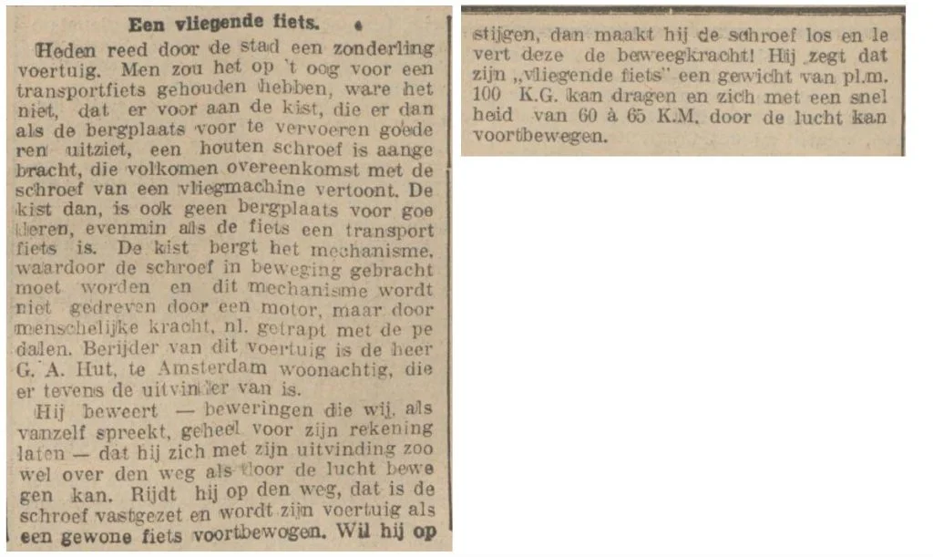 Rotterdamsch nieuwsblad over de vliegende fiets - 24-07-1928 (Delpher)