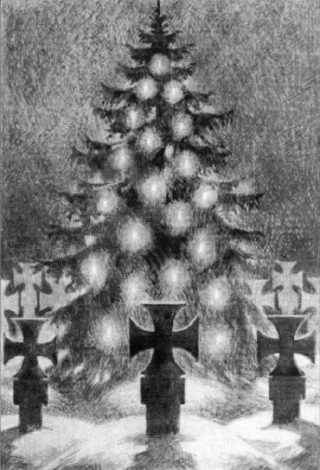 Kerstboom bij Duitse oorlogsgraven. Afbeelding uit ‘Deutsche Kriegsweihnacht’ uit 1944. (Collectie auteur)