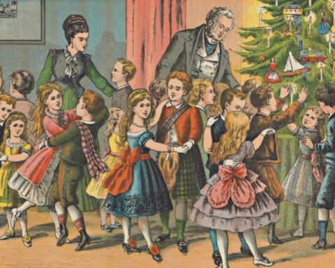 Kinderen rond een kerstboom - H.J. Overbeek, 1877