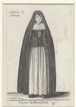 Vrouw uit Holland, gekleed in een huik - Ets uit 1643 gemaakt door Wenceslaus Hollar (Rijksmuseum Amsterdam)