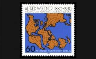 Duitse postzegel ter ere van Alfred Wegener en de theorie van de continentale drift (Publiek Domein - wiki)