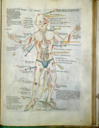 Een wondenman - illustratie bij een vijftiende-eeuws wondenboek (CC BY 4.0 - Wellcome Images - wiki)