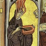 Hildegard van Bingen schrijft haar visioenen neer op wastabletten. (Publiek Domein - wiki)