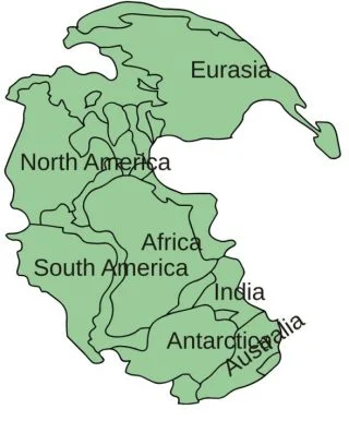 Pangea met daarbij de delen van de huidige continenten (CC BY-SA 3.0 - Kieff - wiki)