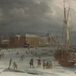 Het Zeemagazijn te Amsterdam omgeven door ijs. Schilderij door Albert Meijeringh. Startdatum 1665, voltooid in 1700. Collectie Het Scheepvaartmuseum.