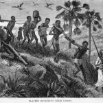 Arabische slavenhandelaren met hun 'vangst' in Mozambique.