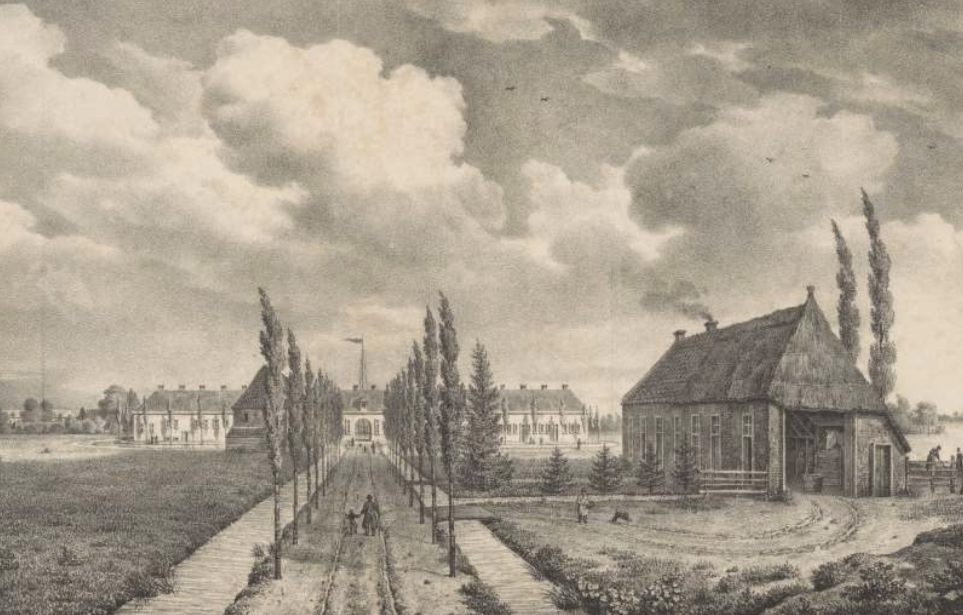 'Gezicht op het tweede gesticht in de kolonie Veenhuizen, Alexandre Joseph Boens, naar H. van Geelen, 1827' (Rijksmuseum Amsterdam)