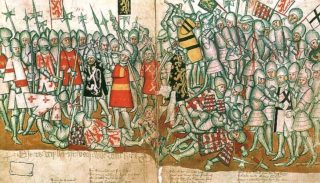 Verbeeldingen van de Slag bij Woeringen - Vijftiende-eeuws handschrift, Jan van Boendale (Publiek Domein - wiki)