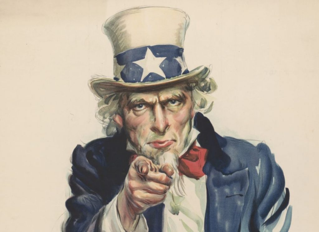Verbeelding van Uncle Sam op een poster van J. M. Flagg's uit 1917 (Publiek Domein - wiki)