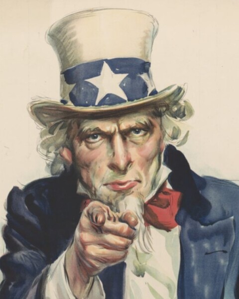 Verbeelding van Uncle Sam op een poster van J. M. Flagg's uit 1917 (Publiek Domein - wiki)