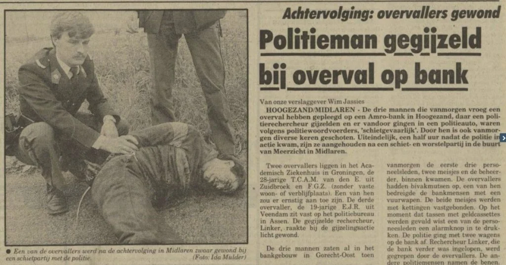 Krantenbericht over de arrestatie na de bankoverval - Nieuwsblad van het Noorden, 15 juni 1984 (Delpher)