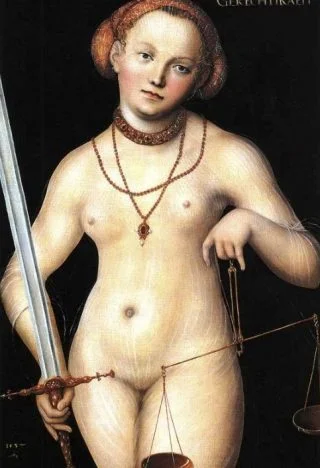 "Gerechtigheid als naakte vrouw met zwaard en weegschaal" van Lucas Cranach de Oude, rond 1537