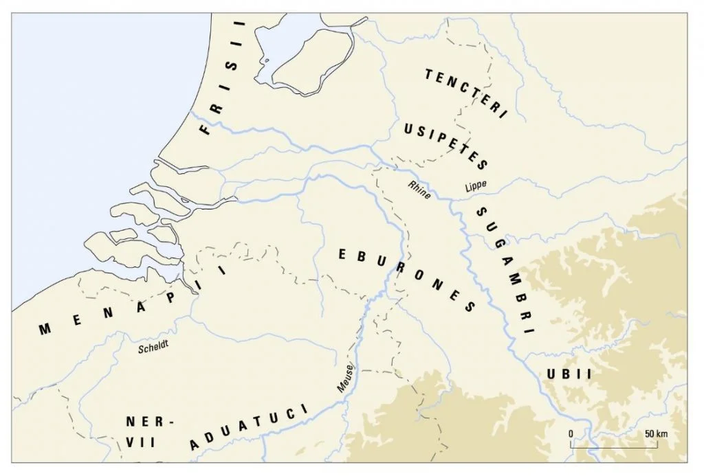 Stammenkaart ten tijde van Caesars verovering. Kaart Bert Brouwenstijn, Vrije Universiteit Amsterdam. 
