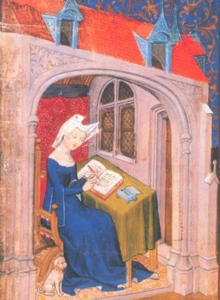 Miniatuur van Christine de Pizan, aan het werk in haar studeerkamer (Publiek Domein - wiki)