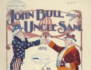 John Bull en Uncle Sam. Illustratie bij een lied dat in 1898 werd geschreven door een lid van het Britse parlement na het beëïndigen van een gezamenlijk grensconflict in Venezuela; de laatste keer dat Engeland (John Bull) en de Verenigde Staten (Uncle Sam) met elkaar op voet van oorlog stonden.